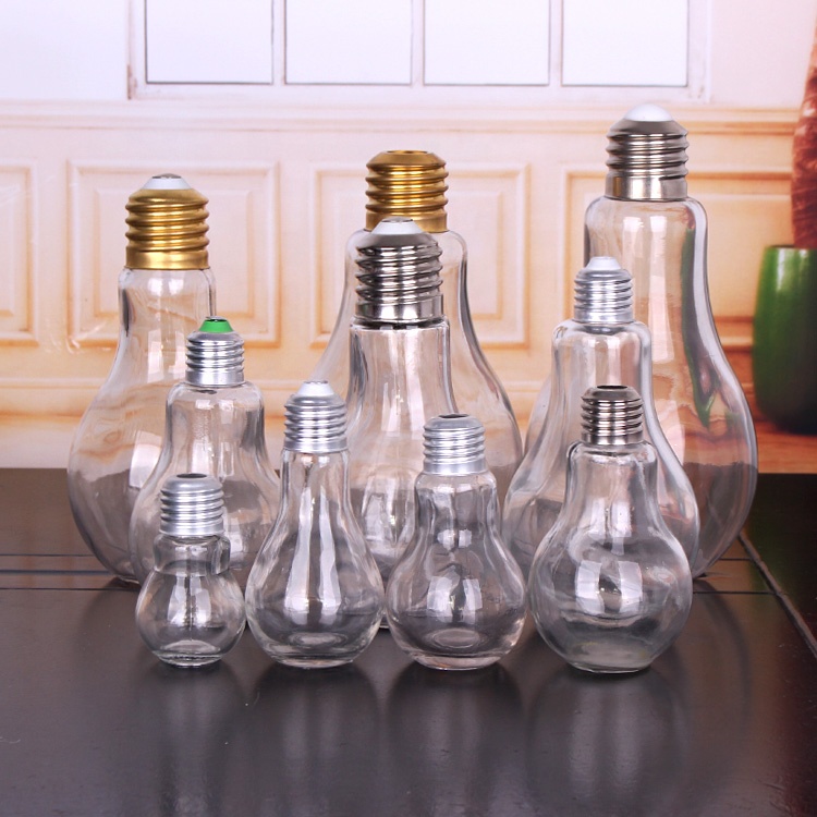 factory supply 500ml 16oz glass light bulb beverage juice drinking bottle with lid and straw