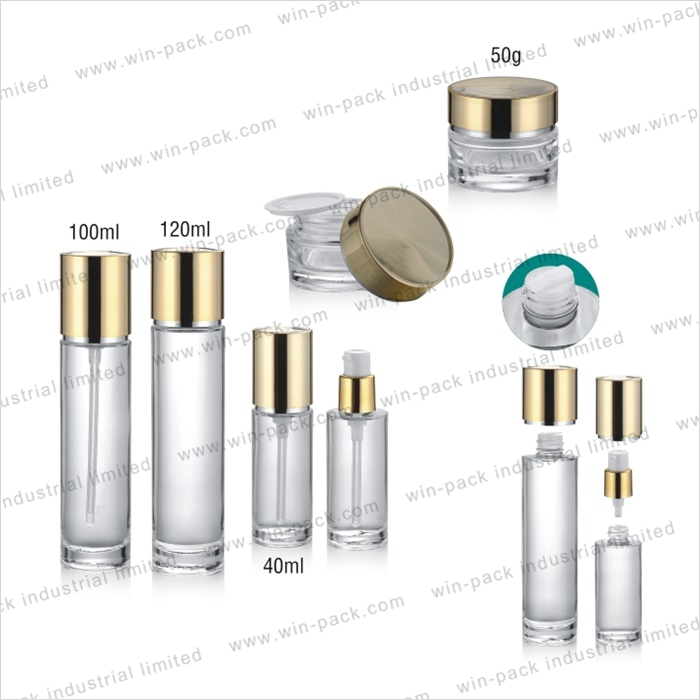 factory wholesale classic clear cosmetics glass lotion bottles with gold cap and pump cosmetic 40ml 100ml 120ml packaging