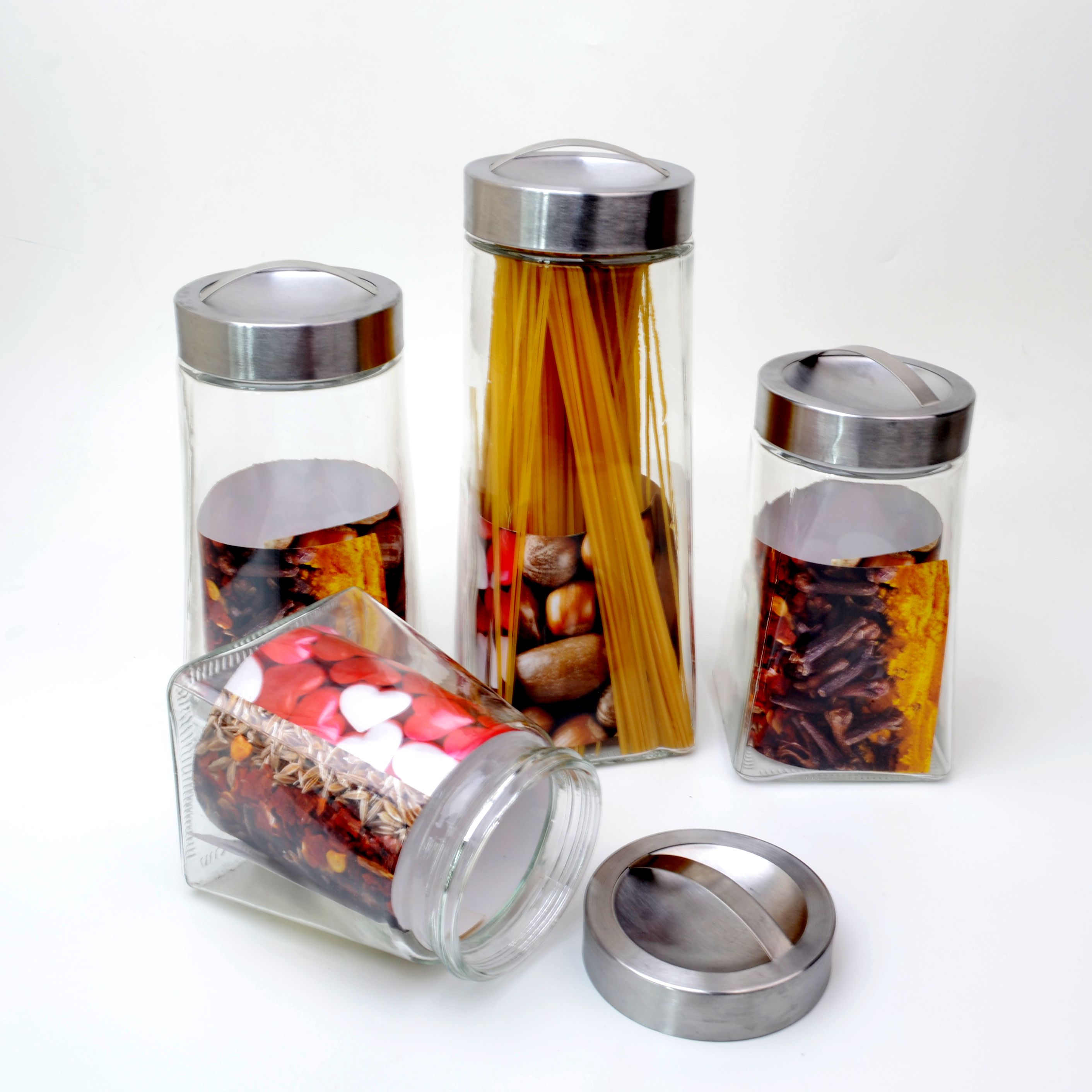 fancy cheap big tall transparent coffee food glass canister jars with stainless steel screw top lid