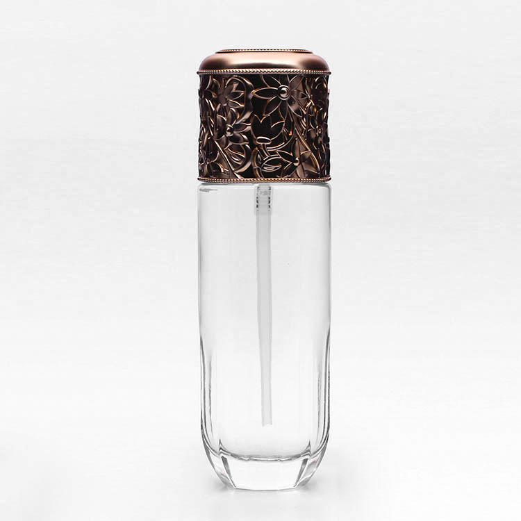 fancy clear empty glass bottle jar with plastic golden emboss lid cosmetic glass jar with screw top lid makeup set bottles