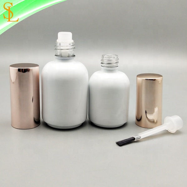 fancy custom round glossy white empty uv gel nail polish bottles 10ml 15ml with rose gold round caps and flat gel brush