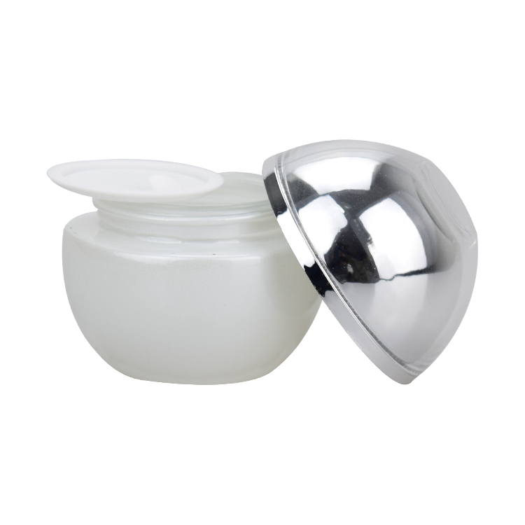 fancy cute frosted cream jar opaque white oval jar 50ml ball shape cosmetic jar with shiny silver lid
