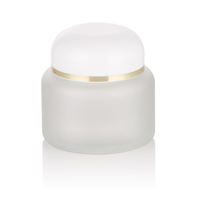 fancy empty cosmetic glass container 2oz 60g 60ml clear frosted anti aging face cream glass jar white lid with gold strap