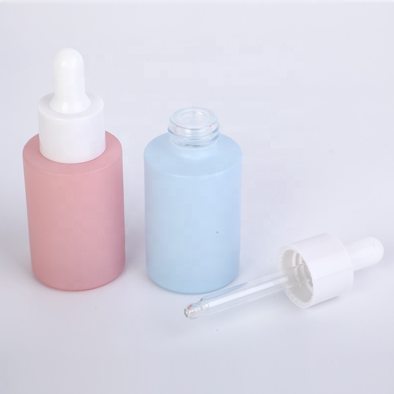 flat shoulder cylinder shape white pink blue purple skin care serum bottle 30ml glass dropper bottle