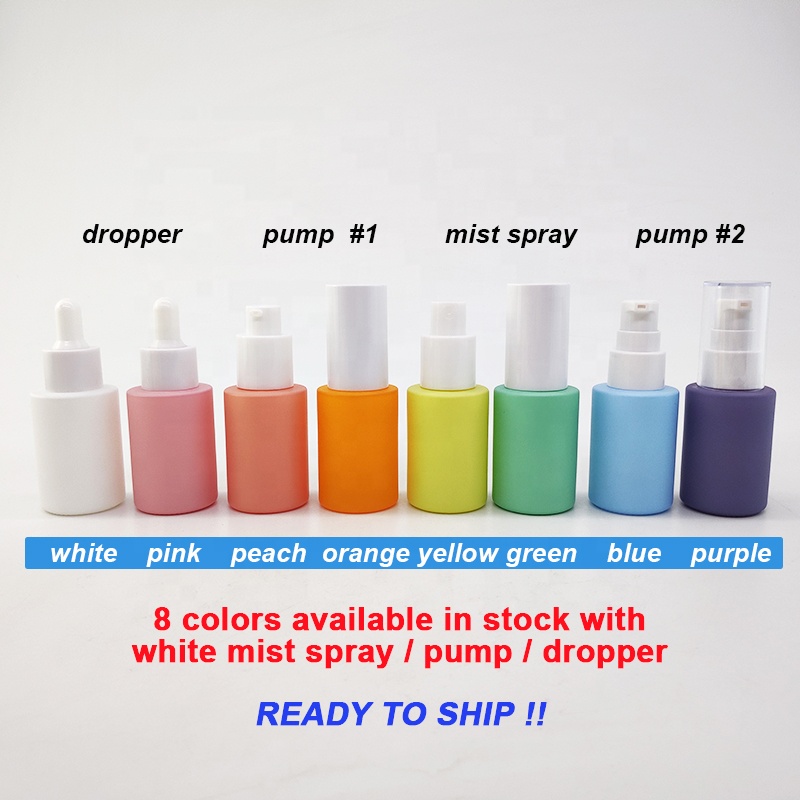 flat shoulder cylinder shape white pink blue purple skin care serum bottle 30ml glass dropper bottle