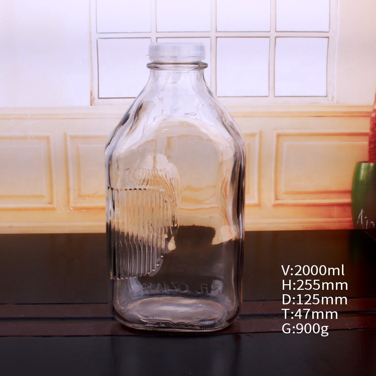 flat square shape 2000ml 2 liter milk glass bottle with plastic cap