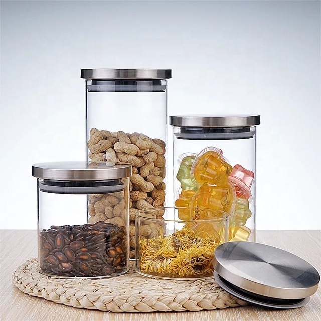 food glass storage jar airtight canister spices bulk products tea coffee container with stainless steel lid for candy cookie