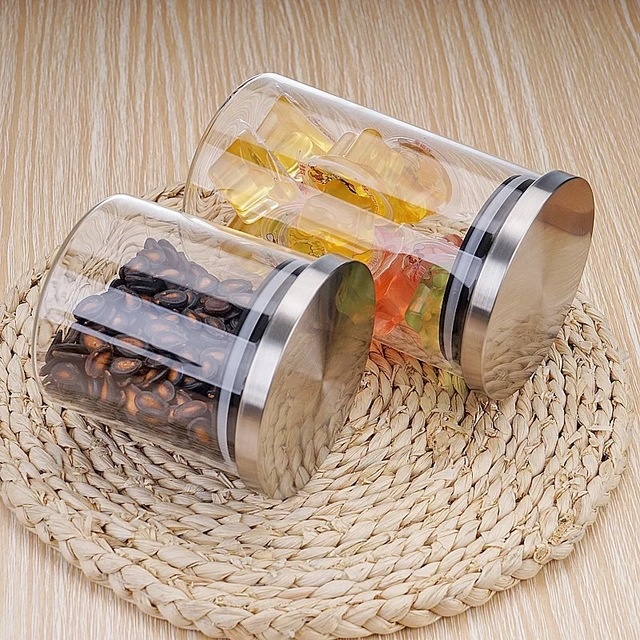food glass storage jar airtight canister spices bulk products tea coffee container with stainless steel lid for candy cookie