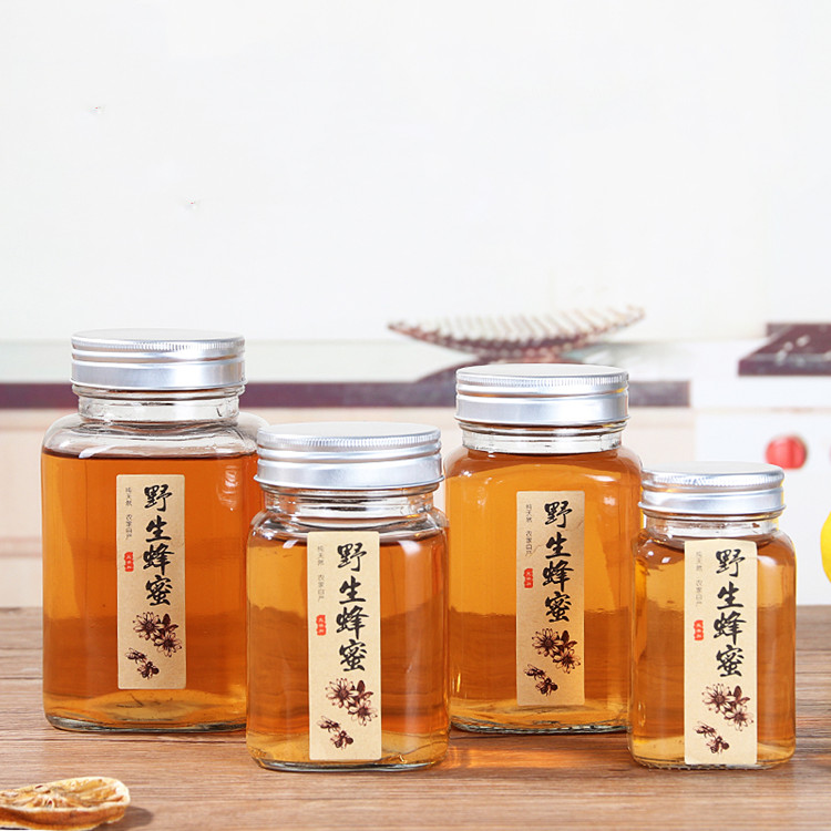 food grade 200ml 380ml 500ml 730ml empty square glass honey jar with aluminum cap