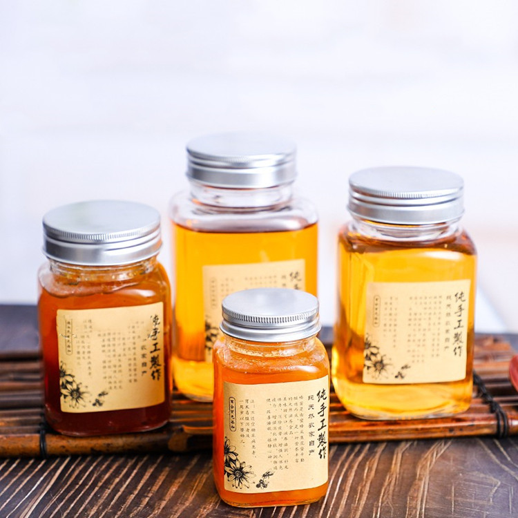 food grade 200ml 380ml 500ml 730ml empty square glass honey jar with aluminum cap