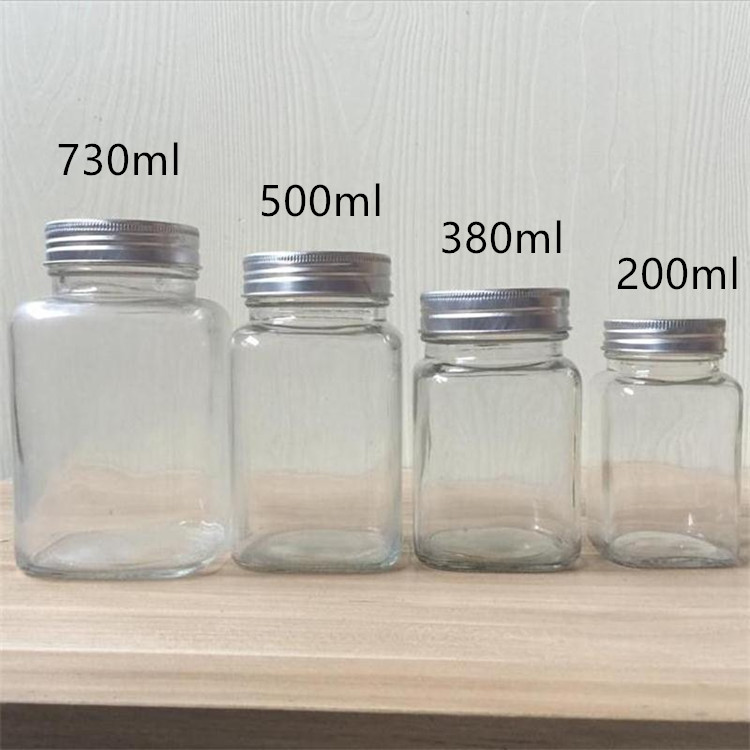 food grade 200ml 380ml 500ml 730ml empty square glass honey jar with aluminum cap