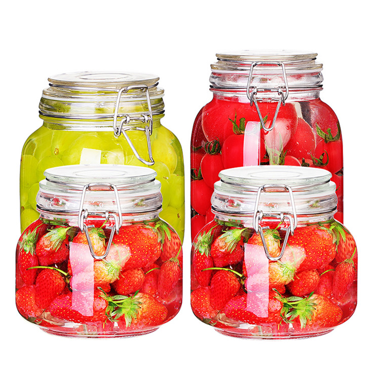 food grade 500ml-3000ml clear square sealed glass jar with clip top lid