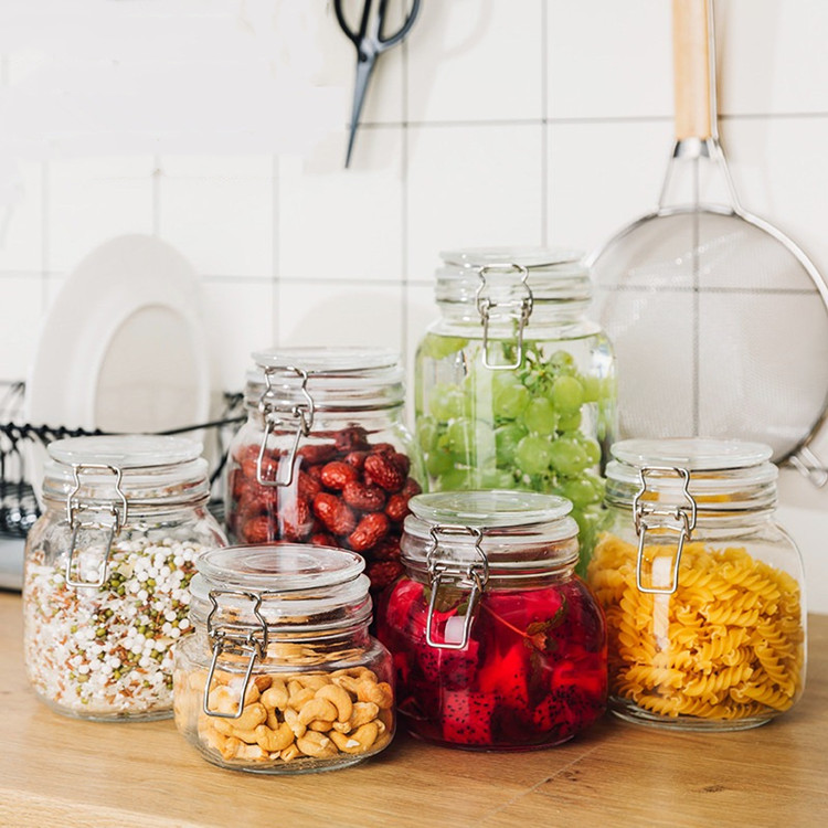 food grade 500ml-3000ml clear square sealed glass jar with clip top lid