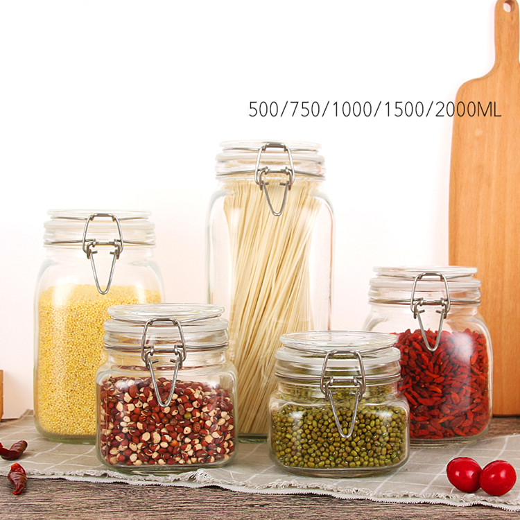 food grade 500ml-3000ml clear square sealed glass jar with clip top lid