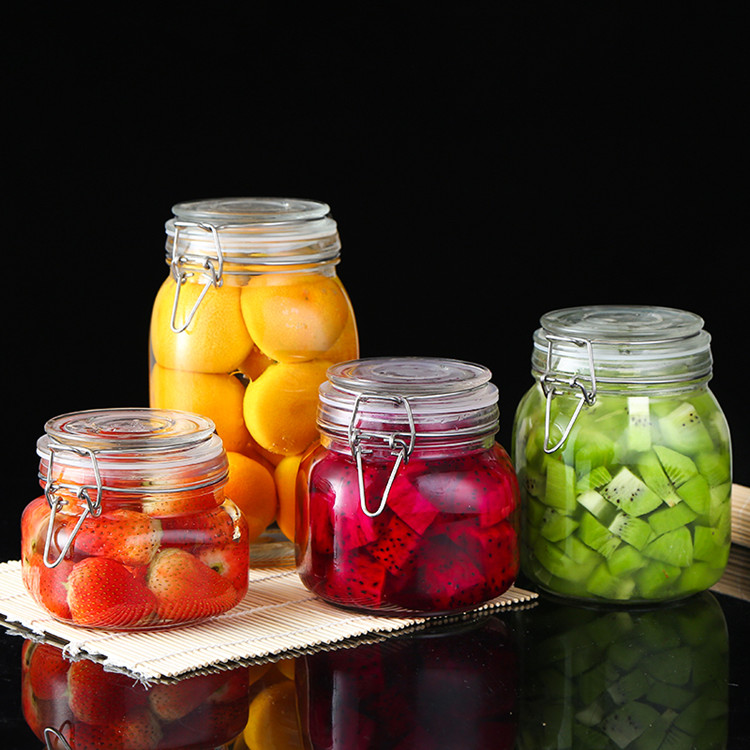 food grade 500ml-3000ml clear square sealed glass jar with clip top lid