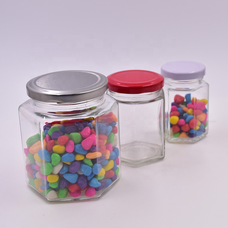 food grade 730ml 1000g clear hexagon large capacity honey jam jar hot sauce food storage glass containers bottles with tin lids