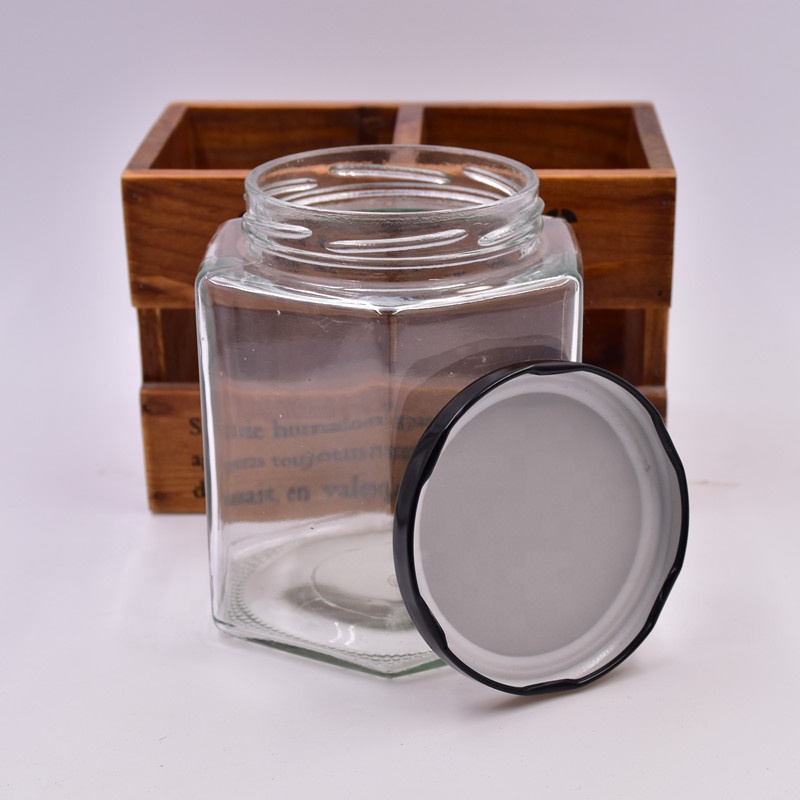 food grade 730ml 1000g clear hexagon large capacity honey jam jar hot sauce food storage glass containers bottles with tin lids