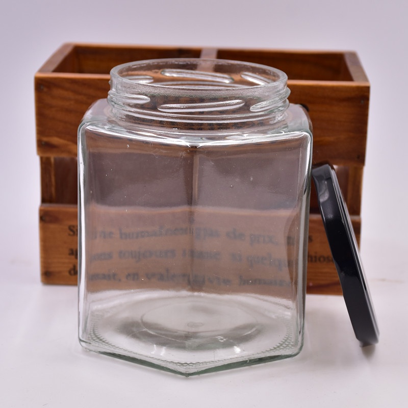 food grade 730ml 1000g clear hexagon large capacity honey jam jar hot sauce food storage glass containers bottles with tin lids