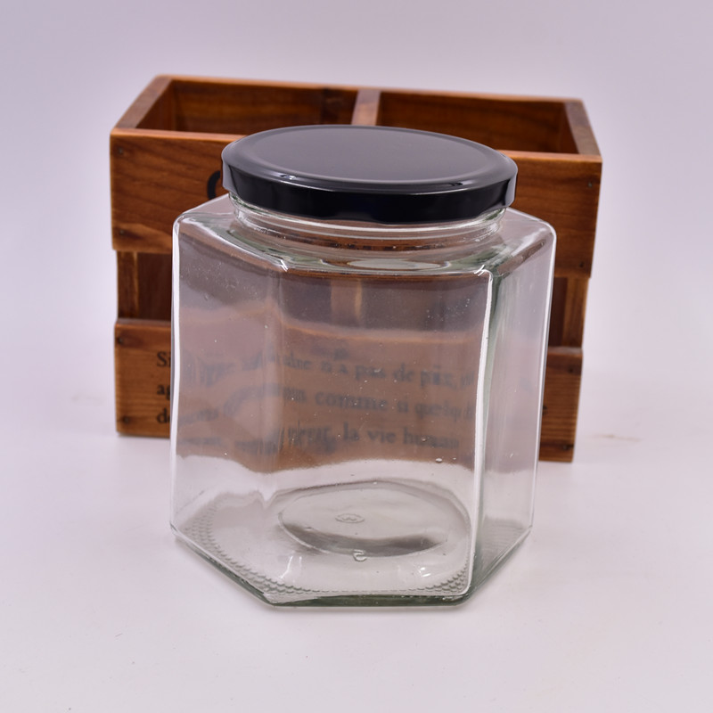 food grade 730ml 1000g clear hexagon large capacity honey jam jar hot sauce food storage glass containers bottles with tin lids