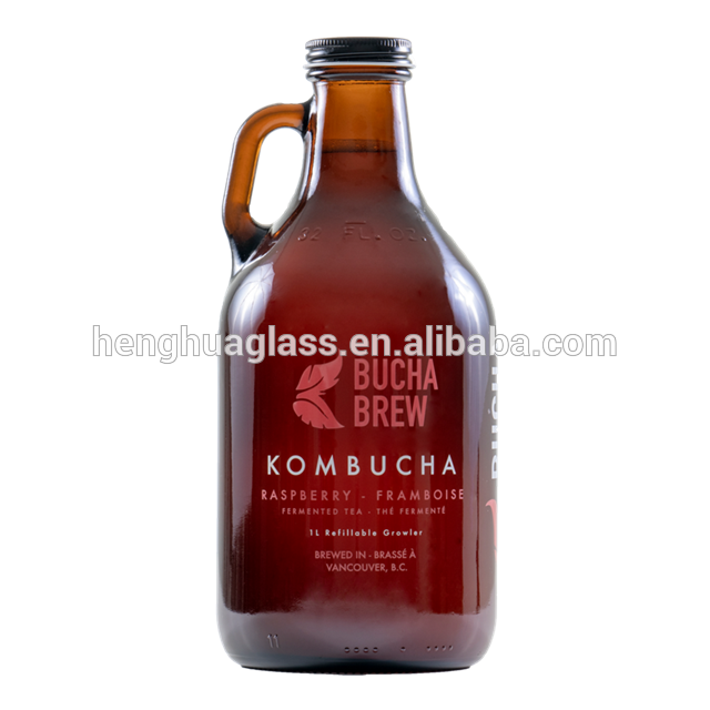 free sample 32oz 1000ml 1 liter amber growler glass bottles for kombucha and beer with handle