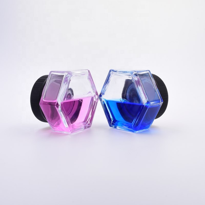 free sample  3oz 90ml clear hexagon weed jars custom cosmetic  flower packaging jar glass jar with matte black CR plastic cap