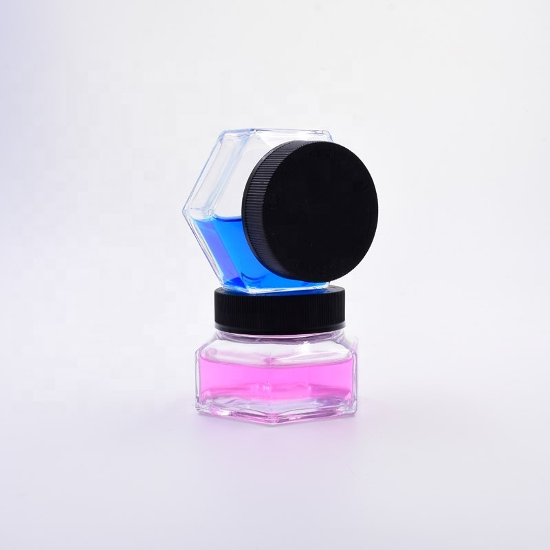 free sample 3oz 90ml clear hexagon weed jars custom cosmetic flower packaging jar glass jar with matte black CR plastic cap