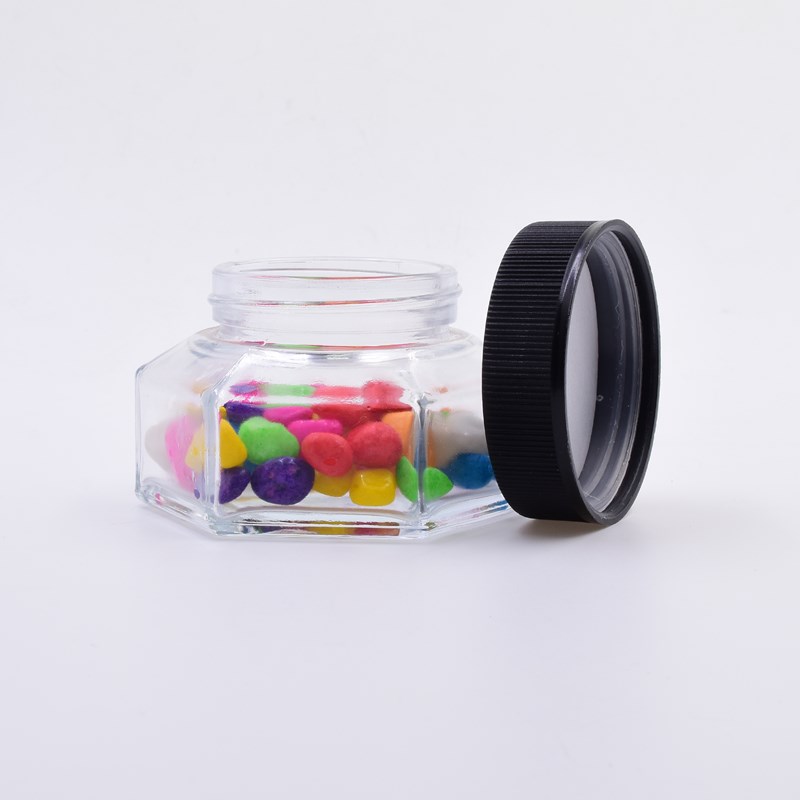 free sample 3oz 90ml clear hexagon weed jars custom cosmetic flower packaging jar glass jar with matte black CR plastic cap