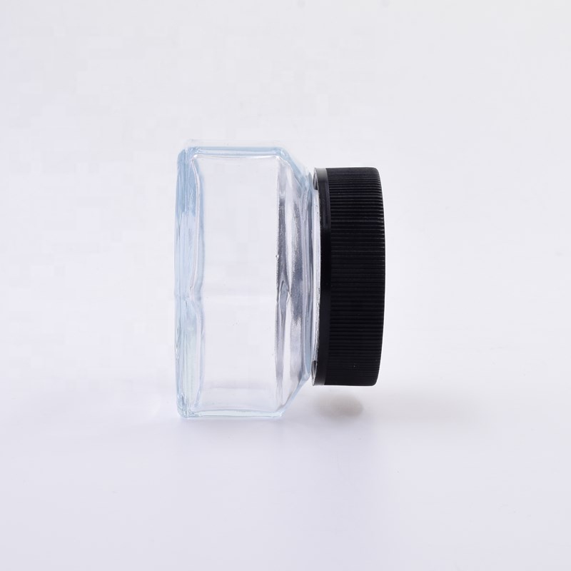 free sample 3oz 90ml clear hexagon weed jars custom cosmetic flower packaging jar glass jar with matte black CR plastic cap