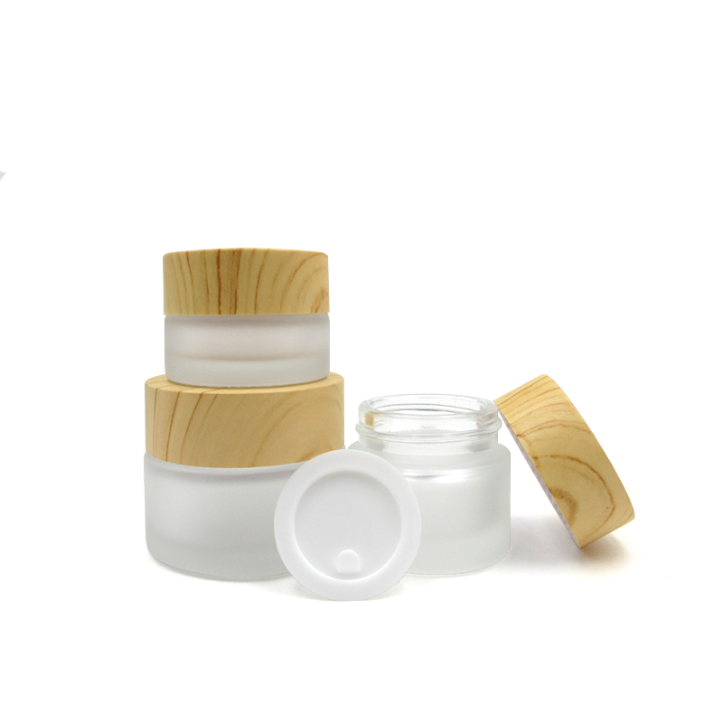 free sample 5g test frosted glass cosmetic jar cream container with wood grain lid for face cream lotion balm