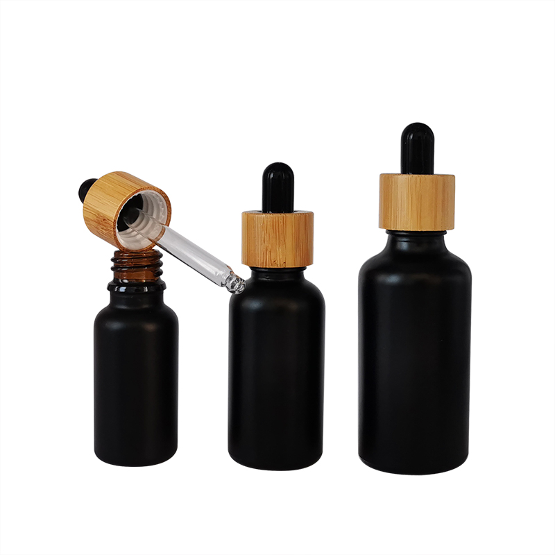 free sample black Glass  Empty Bottle bamboo Cap Cosmetic Essential Oil Dropper Packaging Container