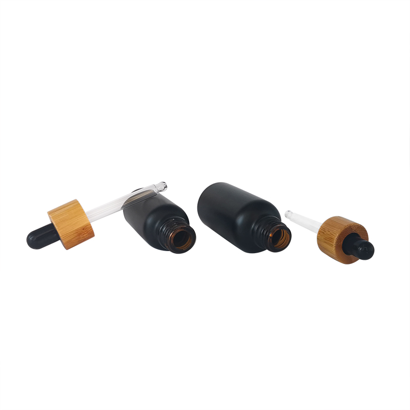 free sample black Glass Empty Bottle bamboo Cap Cosmetic Essential Oil Dropper Packaging Container