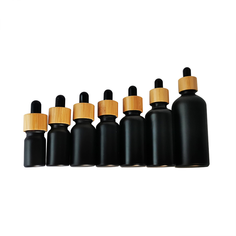 free sample black Glass Empty Bottle bamboo Cap Cosmetic Essential Oil Dropper Packaging Container