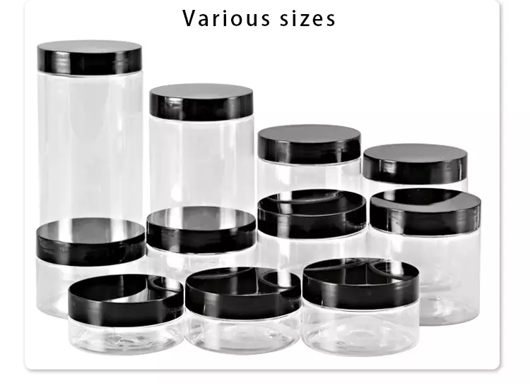free samplecosmetic food packaging 100ml 150ml 200ml 250ml 300ml amber black pet plastic cosmetic cream jar with white black lid