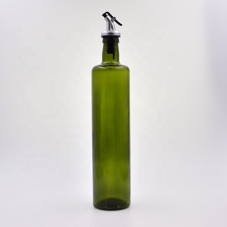 free samples 750ml dark green round screw cap glass olive oil cooking oil bottle vinegar sauce dispenser with pump metal lid