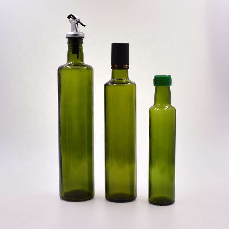 free samples 750ml dark green round screw cap glass olive oil cooking oil bottle vinegar sauce dispenser with pump metal lid