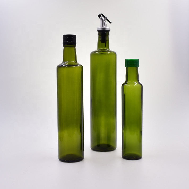 free samples 750ml dark green round screw cap glass olive oil cooking oil bottle vinegar sauce dispenser with pump metal lid