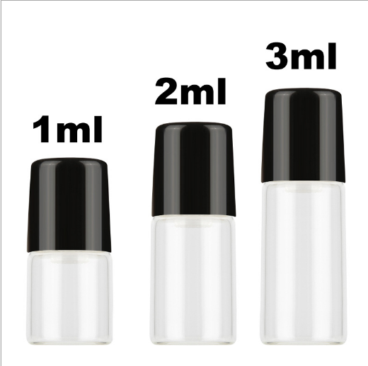 free shipping ! 1ml 2ml 3ml clear glass roll on bottle with stainless steel roller ball and black cap