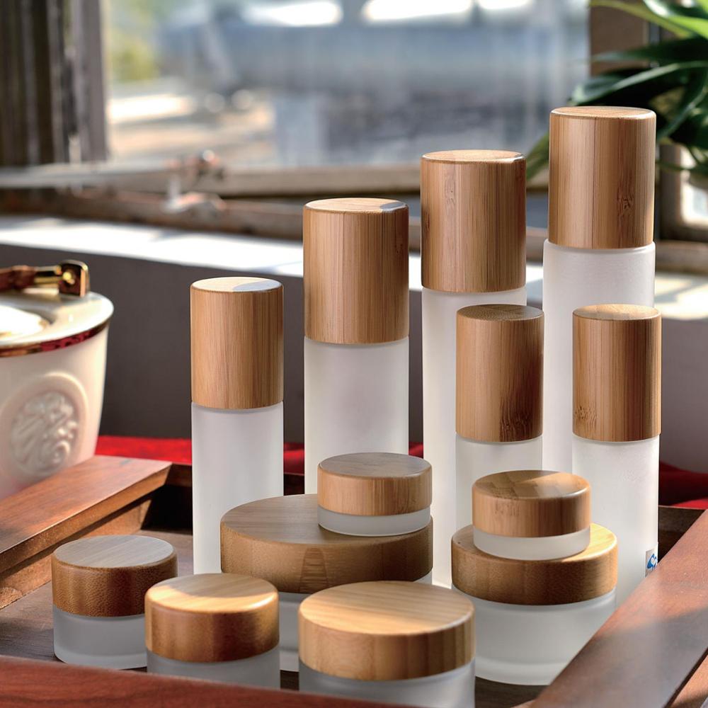 free shipping 5g 15g 30g 50g 100g matte glass cream jar empty cosmetics jars sub-bottle for cosmetic packaging with bamboo cap