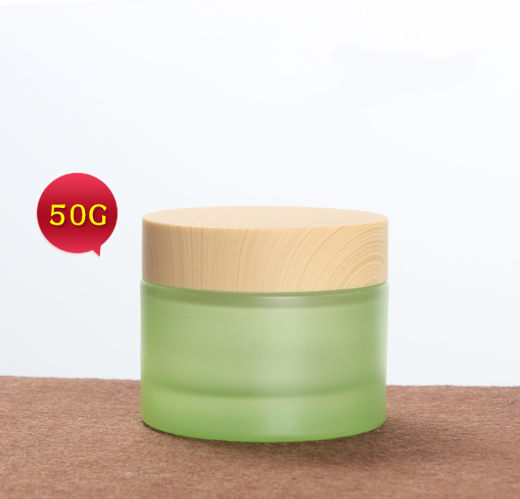 frosted 20ml 30ml 50ml green glass cream jar with bamboo lid