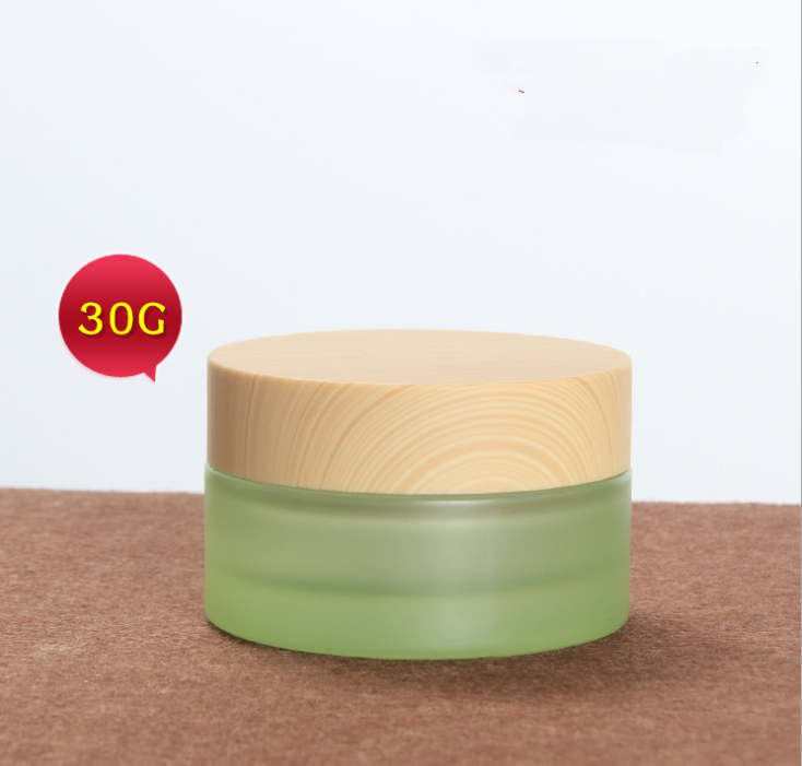 frosted 20ml 30ml 50ml green glass cream jar with bamboo lid