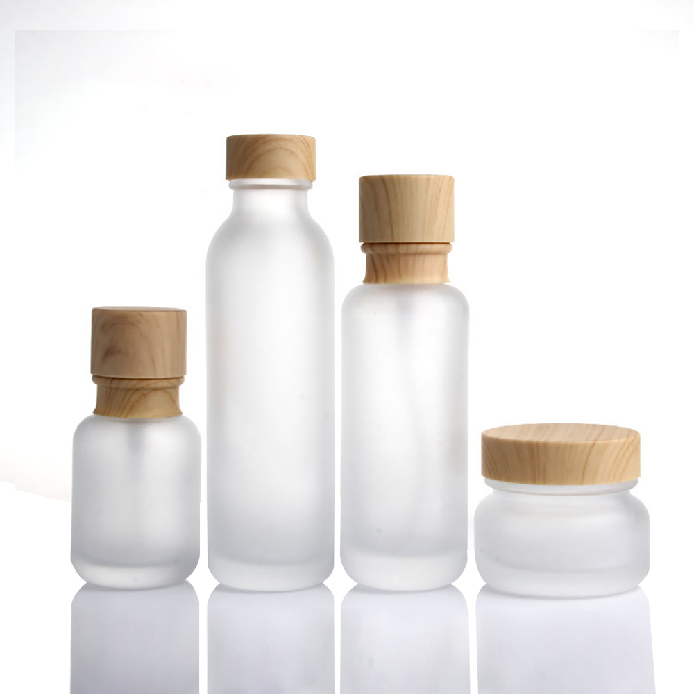 frosted 50g glass mason jar, wood grain lid cosmetic packaging glass bottles 1.7oz