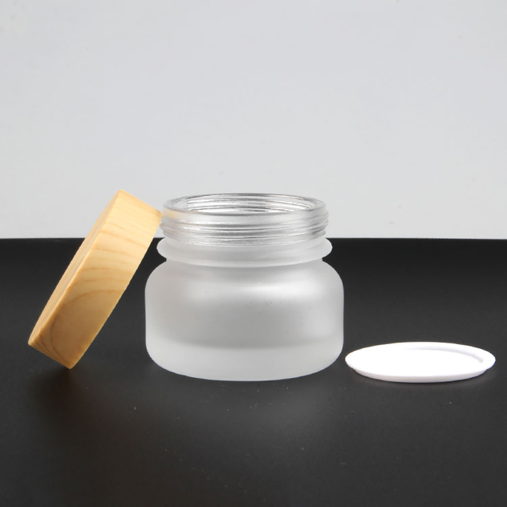 frosted 50g glass mason jar, wood grain lid cosmetic packaging glass bottles 1.7oz