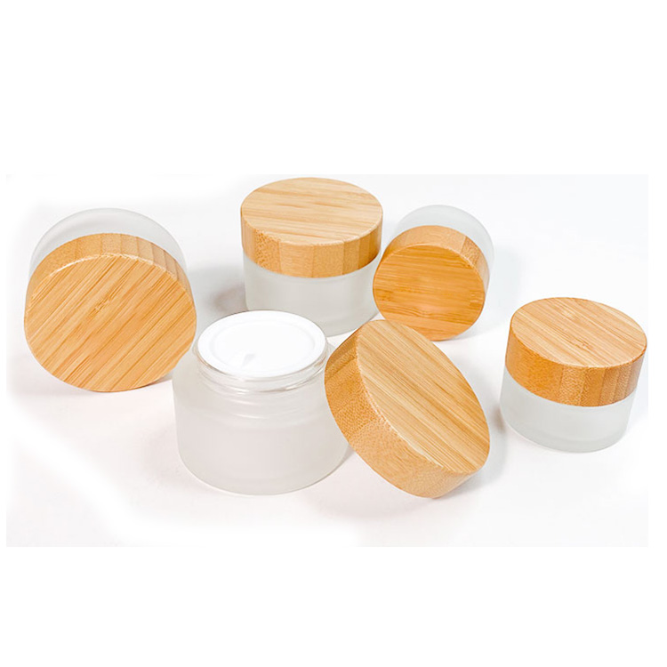 frosted Empty Refillable Glass jars Round Cosmetic Jars Container Storage Pot with Natural Bamboo Lids