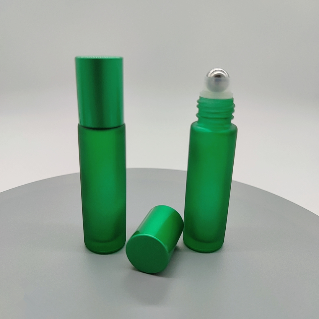 frosted Glass Bottle Stainless Steel Roller Ball 10ml Green Roller Green Bottle Black Cap Essential Oil Bottle