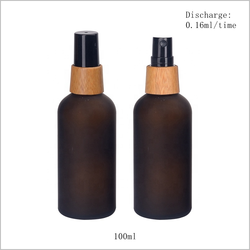 frosted amber cosmetic bottle 100 ml matte brown glass bottle with 18/415 bamboo wooden fine mist spray