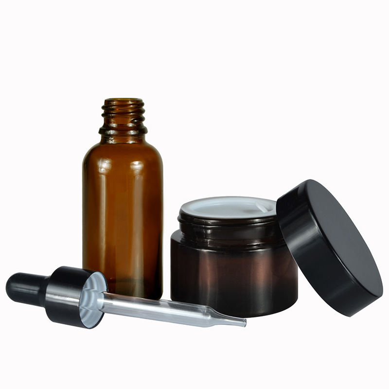 frosted amber cosmetic glass cream jar 30ml 50ml essential oil glass dropper bottle with black aluminum lid