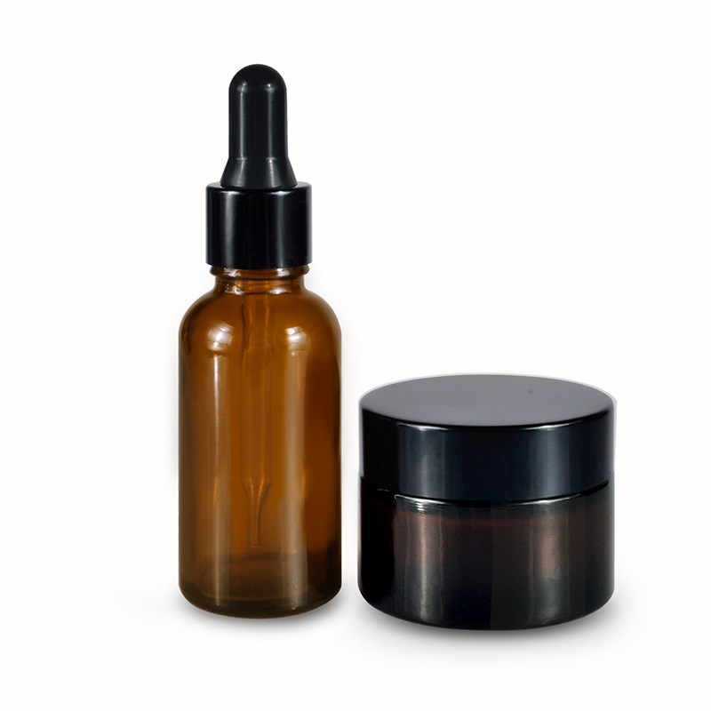 frosted amber cosmetic glass cream jar 30ml 50ml essential oil glass dropper bottle with black aluminum lid