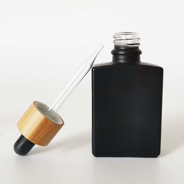 frosted black essential oil bottels 30ml matt black rectangle glass dropper bottle with bamboo cap lid