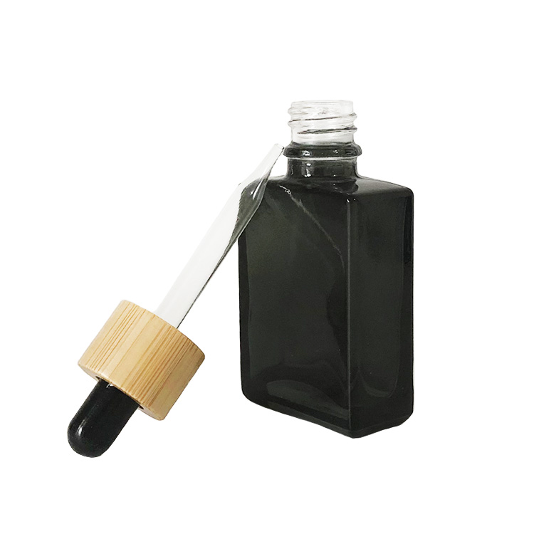 frosted black essential oil bottels 30ml matt black rectangle glass dropper bottle with bamboo cap lid