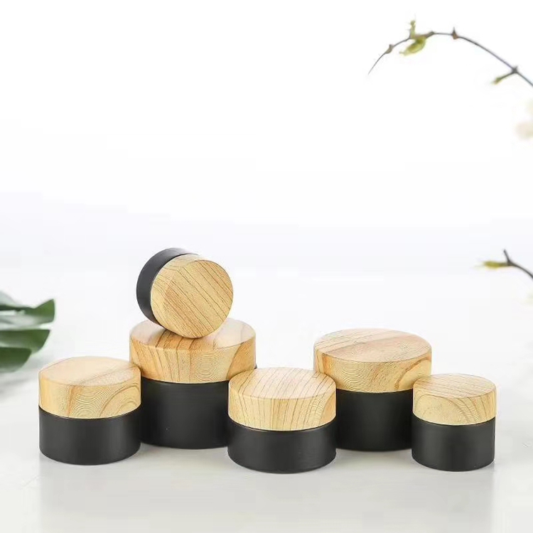 frosted black glass Cosmetic Jar With Bamboo style plastic Lids